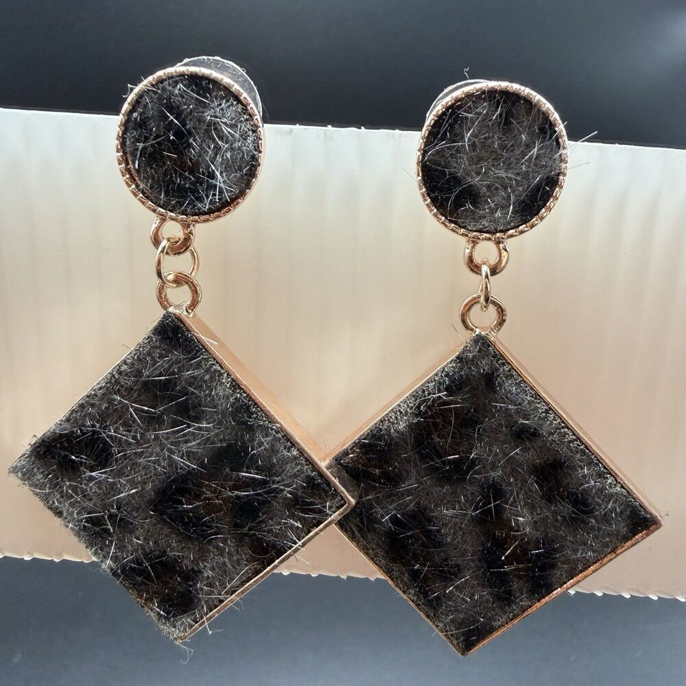 Rose Gold Tone Grey Leopard Pony Hair Rhombus Dangle Earrings Animal Print Y2K